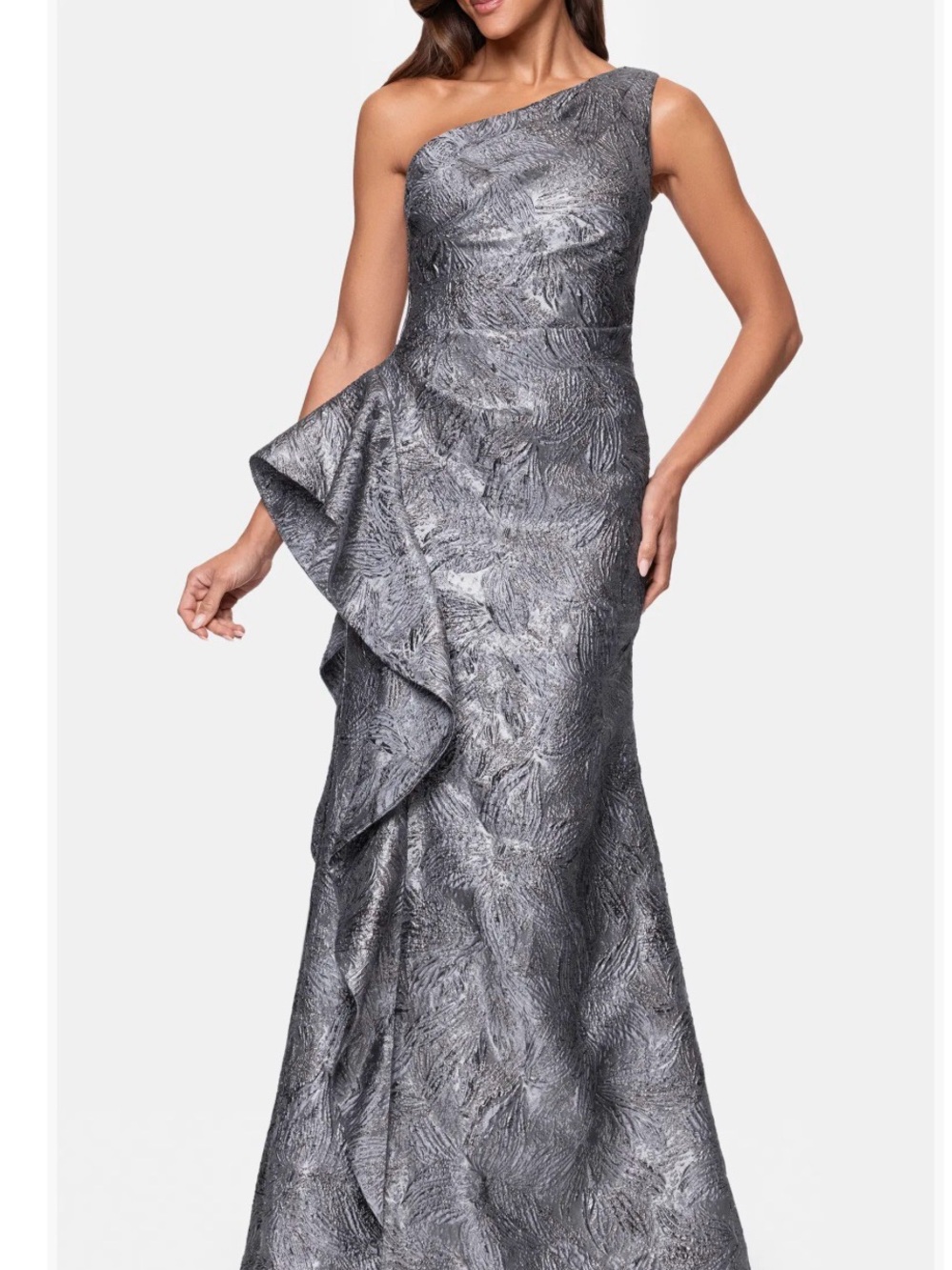 Xscape One-Shoulder Metallic Gray Textured Evening Gown